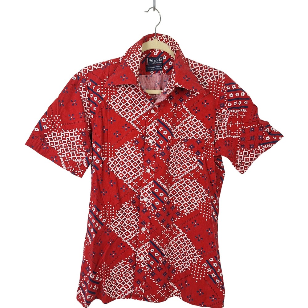 Brigade by Arrow Mens Red Geometric Patchwork Short Sleeve Button Down Shirt M